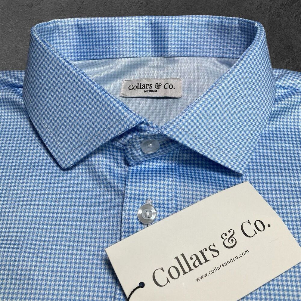 Collars and Co Polo Shirt Mens Medium Blue Houndstooth Dress Collar Office NWT